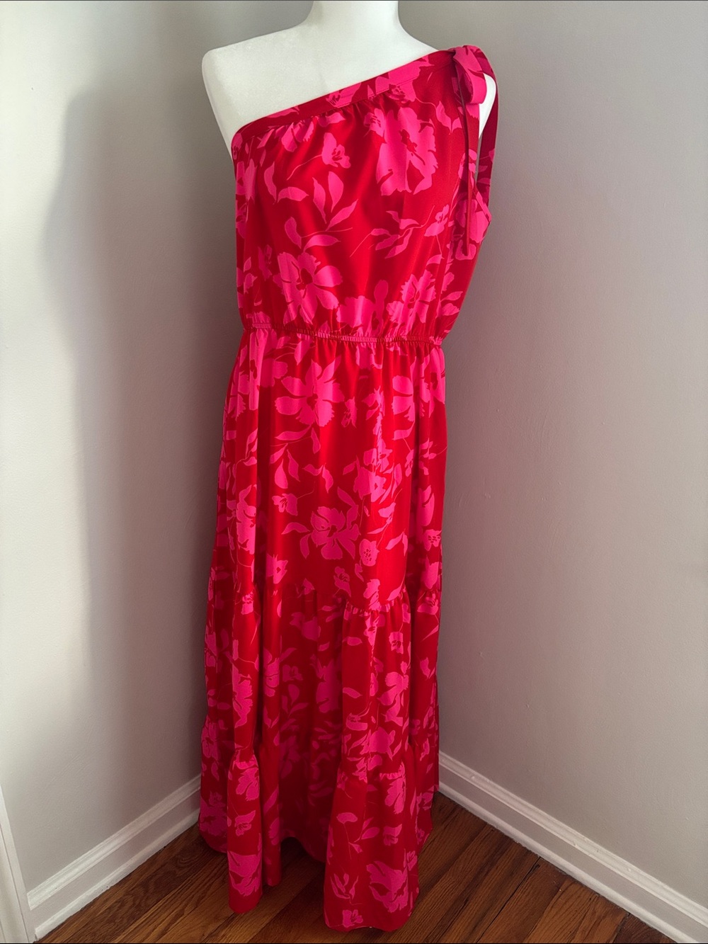 One-Shoulder Pink Floral Maxi Dress